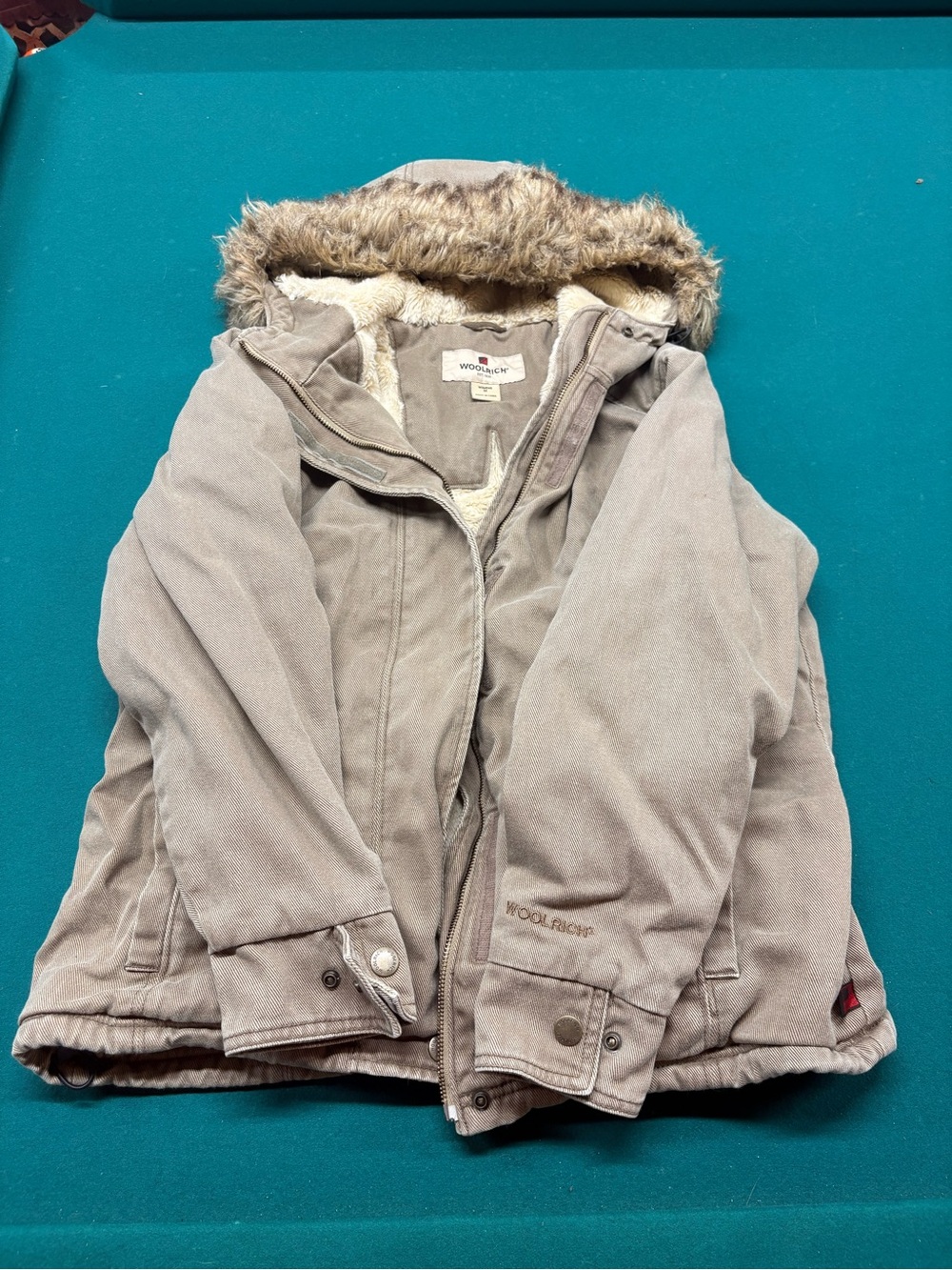 Woolrich Girls' Taupe Hooded Puffer Jacket with Faux Fur Trim